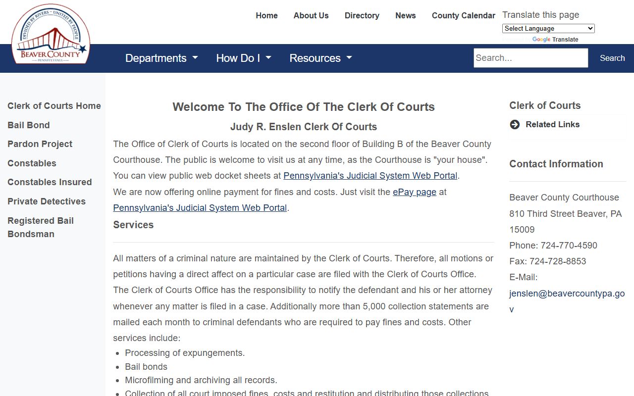 Beaver County Clerk of Courts page for criminal court docket information