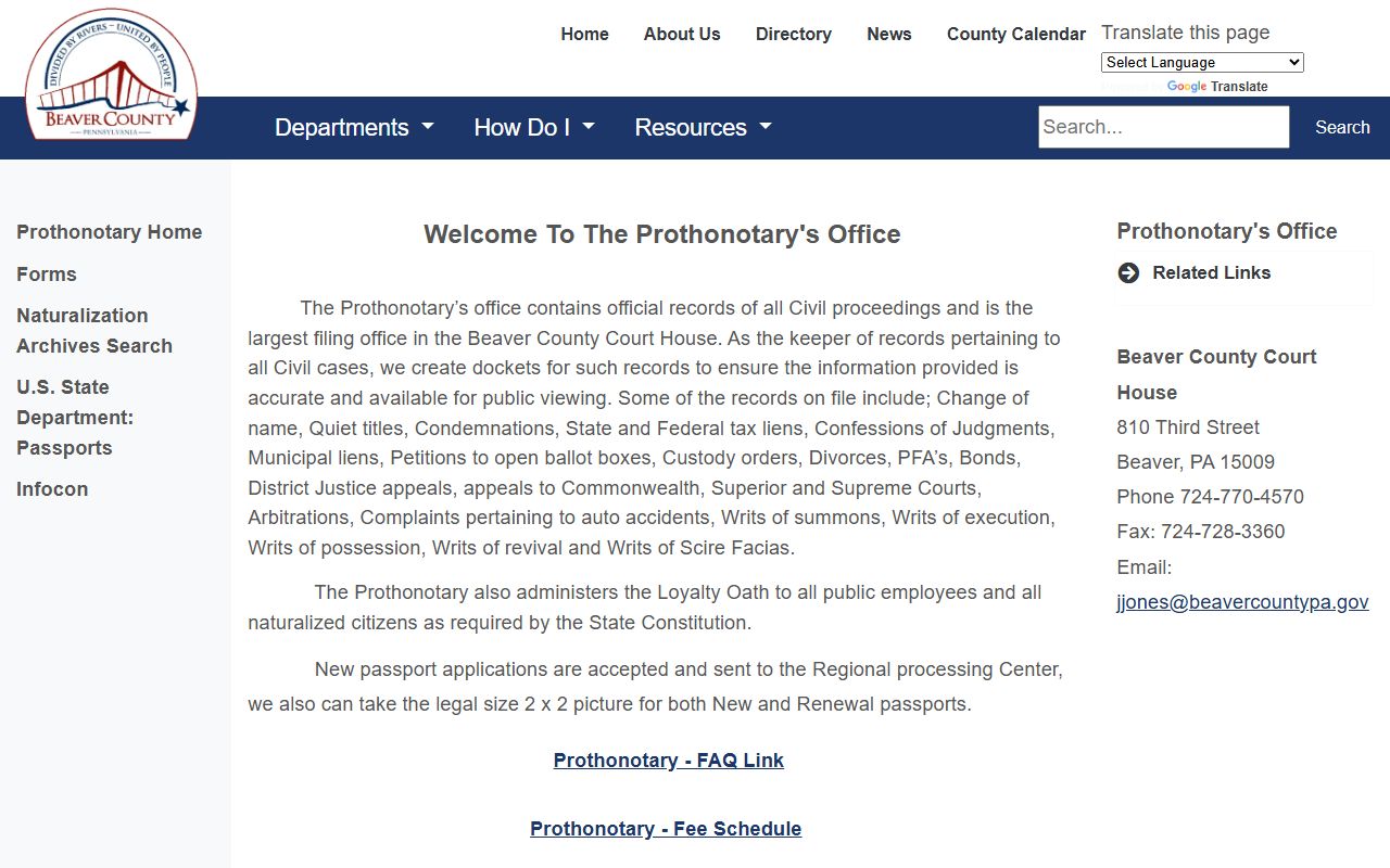 Beaver County Prothonotary page for civil court docket access