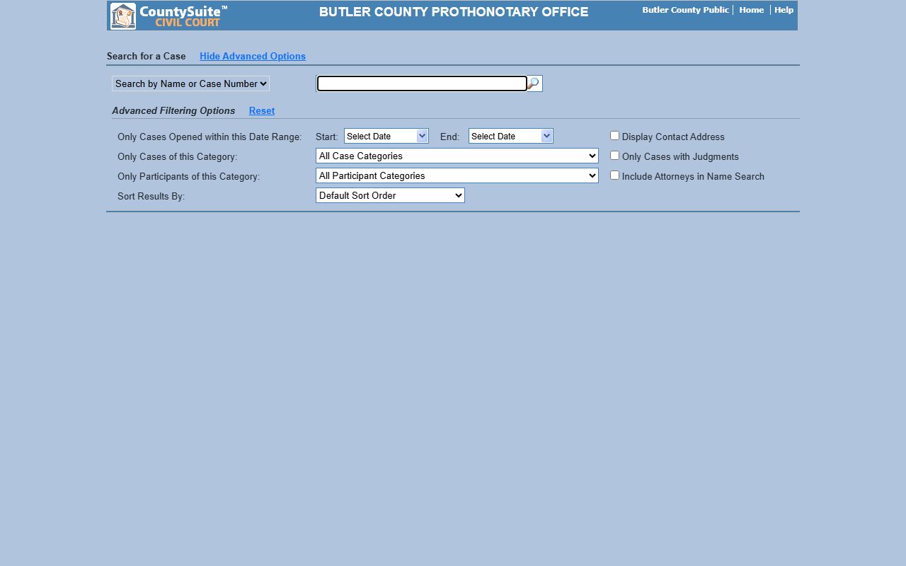 Butler County civil case search portal showing court docket search for civil cases