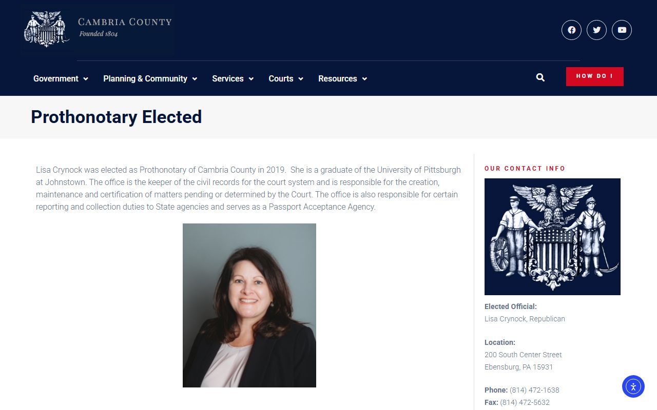 Cambria County Prothonotary office responsible for civil court docket records