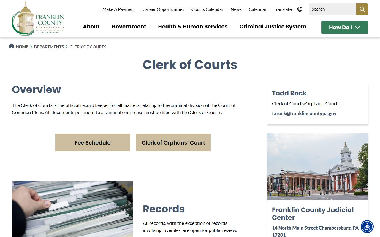 Franklin County Clerk of Courts page for criminal docket records in Chambersburg