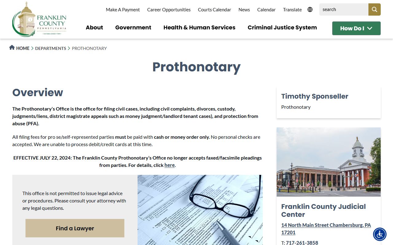Franklin County Prothonotary office page for civil court records in Chambersburg