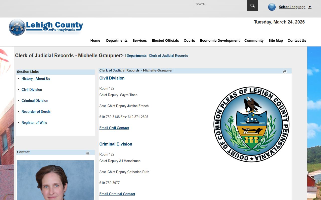 Lehigh County Clerk of Judicial Records page for criminal court docket access