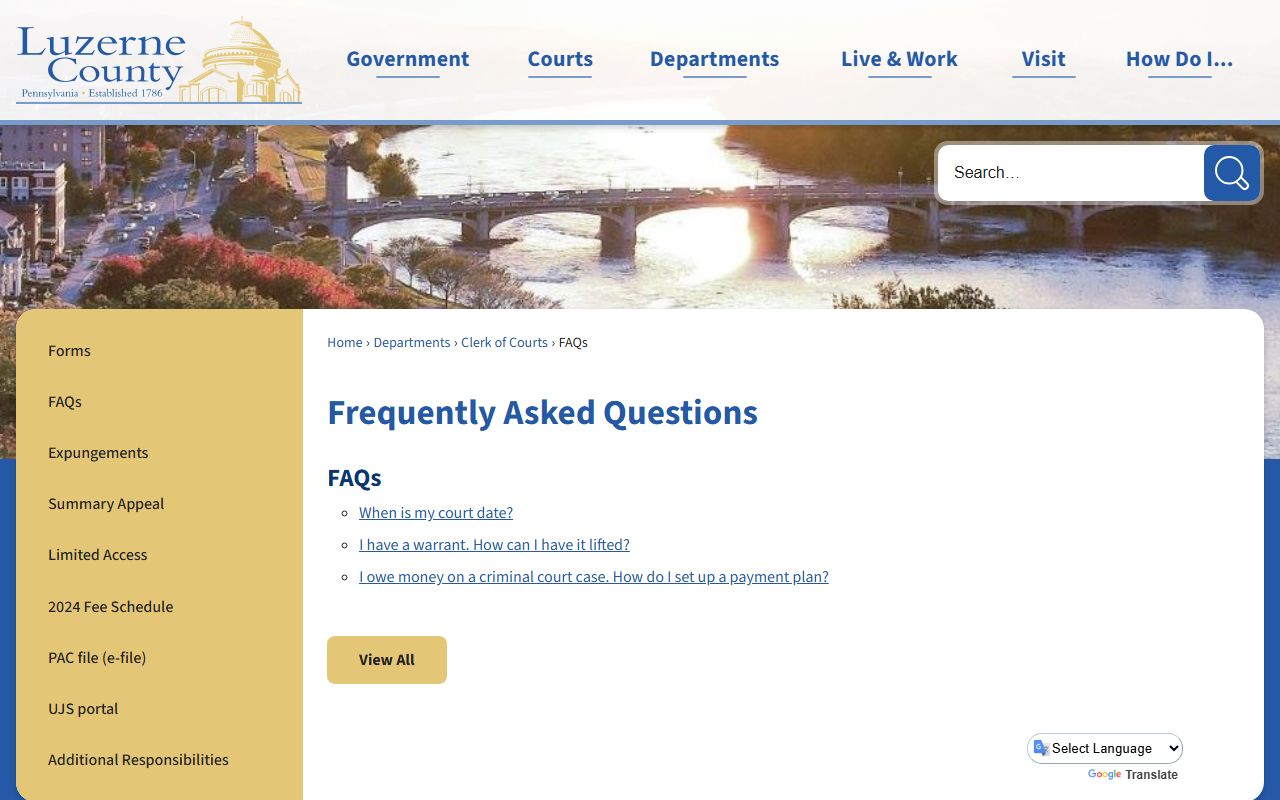 Luzerne County Prothonotary office page for civil court docket access